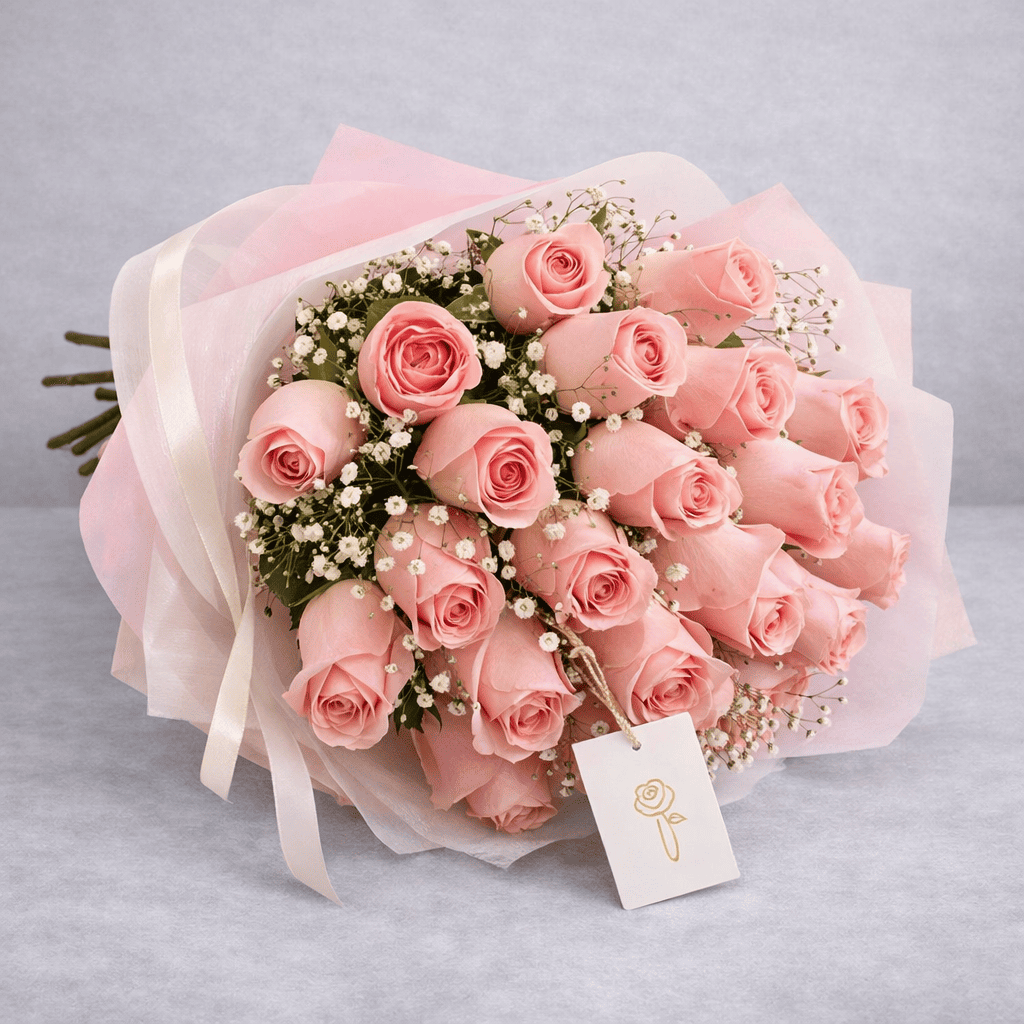 Ramo de 24 Rosas Rosas Hermosas con Gypsophilia – Dulzura Infinita