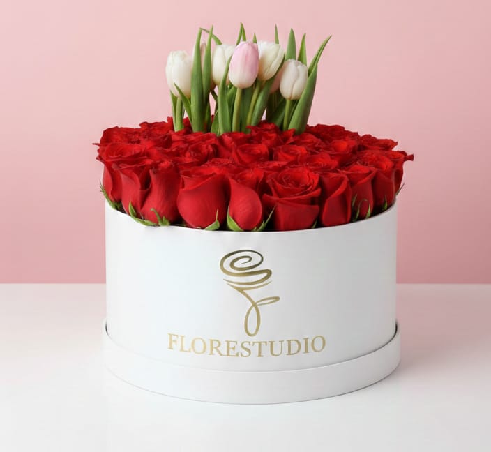 Caja Florestudio de 36 Rosas Rojas y 6 Tulipanes – Pasión & Encanto