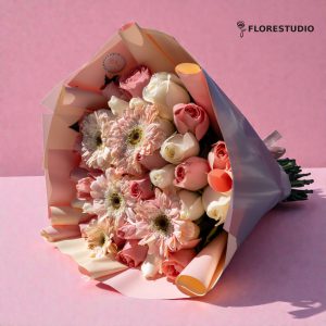 Bouquet de rosas rosadas y gerberas rosa pastel – flores a domicilio Guadalajara